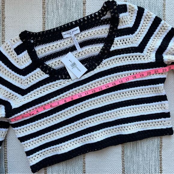 Apiece Apart Black White Striped Open Crochet Knit Slouchy Pullover Sweater XL - Picture 6 of 9